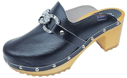 Moderne High Heels Holz Clogs Holz Pantolette Gr.36-37-38-39-40-41 Glattleder Rinds Leder, Schwarz oder Weiß (Schwarz, EU Schuhgrößensystem, Erwachsene, Damen, Numerisch, M, 36)