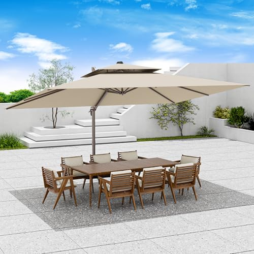Jentafix 9x12 FT Patio Umbrella, Large Cantilever Rectangular Double Top Heavy Duty Offset Umbrellas with 360° Rotation, Outdoor shade for Garden Deck Pool, Beige