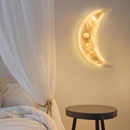 LOGT Mond Wandleuchte Dimmbar LED Wandlampe Innen 3D Mond Lampe Wand Dekoration Harz Wandbeleuchtung Modern Art Deco Nachttischlampe 3 Helligkeitsstufen Kinderzimmerlampe für Schlafzimmer,56cm