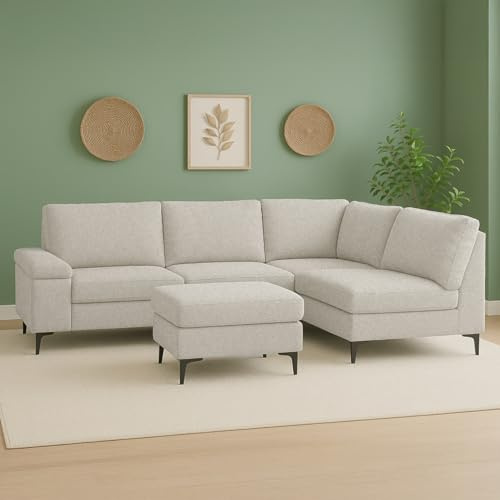 CONCEPT USINE | Divano ad angolo 4/5 posti Colchester Beige | Tessuto ciniglia strutturato | Pouf indipendente modulabile | Comfort avvolgente | Seduta con molle insacchettate | Design contemporaneo