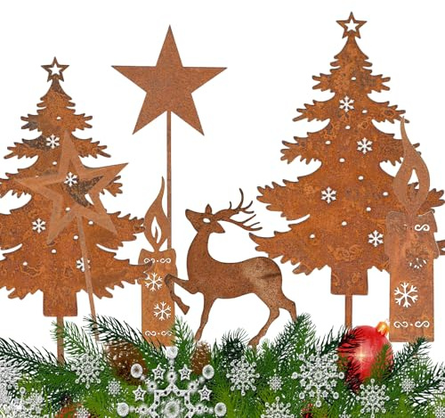 Zidoley Gartenstecker Weihnachten Hirsch Deko - Outdoor Weihnachtsdeko Garten, Rost Weihnachtsbaum Kerzen Rentiere Gartenstecker, Elch und Tanne Roststecker Weihnachtsdeko für Draußen Gartendeko (7)