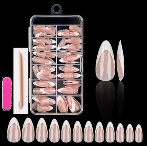 120 Pièces Short Almond Shaped French Press on Nails, VIVIDRISE False French Nails, 12 Tailles Capsule Ongle Amande, Faux Ongles French Bordure Blanche pour Manucure et DIY Nail Art