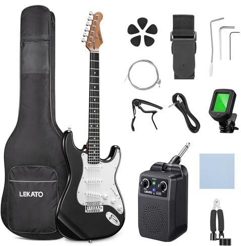 LEKATO Beginner Electric Guitar Kit 39 Inch Full Size Solid Body Guitar SSS for Starter Roasted Maple Neck Stainless Steel Frets, 5w Plug-in Amp, Bag, Tuner, Capo, Strap, Picks, String, Cable - Black