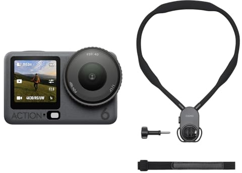 DJI Osmo Action 6 Pack para Grabación con Soporte de Cuello, CAM acción 8K | Sensor cuadrado de 1/1.1″, apertura variable, diseño resistente al frío, batería de 4h, con soporte colgante de cuello grande