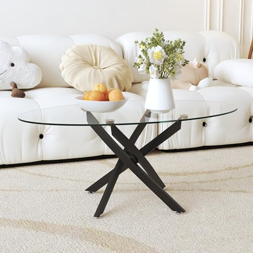GOLDFAN Oval Glass Coffee Table with Black Metal Legs, Modern Clear Tempered Glass Centre Table for Living Room, Office or Apartment