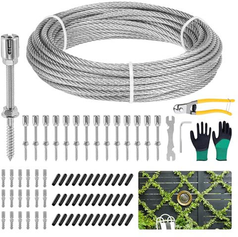 30M Tutor para Plantas Trepadoras, Cable de Acero Inoxidable T316 Sus de 3 mm, Kit Completo con Cortaalambres, Guantes Resistentes a la Abrasión y Accesorios de Enrejado para Vides y Flores