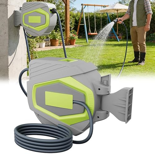 Aufun Wandmontage Schlauchtrommel 30M Gartenschlauch, Grün | Schlauchaufroller mit Handbrause und Anschlüssen, Automatik-Aufrollung, 180° Schwenkhalterung, 10 Sprühmodi