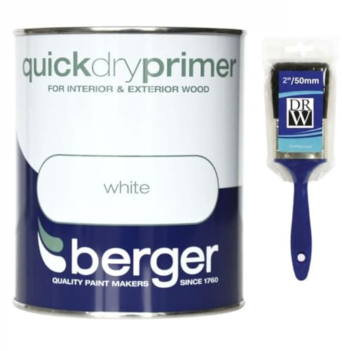 White Quick Dry Primer Paint 750ml +2 Brush | Interior and Exterior Primer for Wood Metal and Masonry | Fast Drying Base Coat for Doors Skirting Boards Walls and Trim