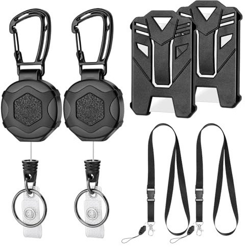 Juego de 6: 2 llaveros enrollables resistentes con cuerda de acero, 2 cordones con funda de identificación, retráctiles de llaves resistentes, ideales para tarjetas de identificación de trabajo