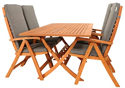 Rattanland | Bradford 160 Gartenmöbel-Set mit 4 Calgary-Stühlen (FSC-zertifiziertes Holz) (graue Kissen), x 90 75 cm, 1601a