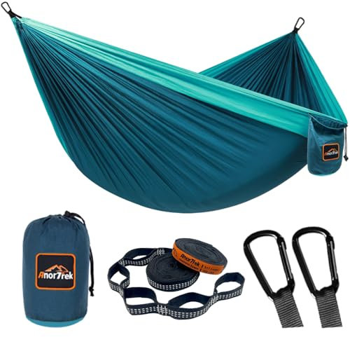 AnorTrek Camping Hängematte, superleichte tragbare Fallschirm Hängematte mit Zwei Baumgurten Einzel oder Doppel Nylon Reisebaum Hängematten… Blue&Dark Blue