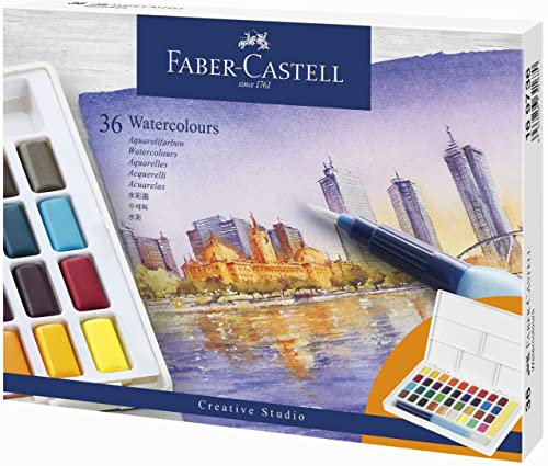 FABER-CASTELL 169736 - Aquarellfarben, 36 Stück in Näpfchen, inklusive Wassertankpinsel