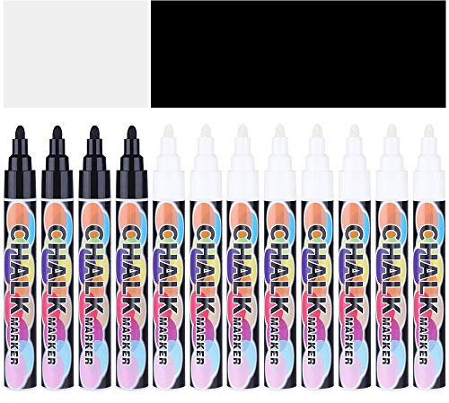 SUPERSUN Kreidemarker für Kreidetafel, 8 weiße und 4 schwarze Kreidemarker für Whiteboard, Glas, Fenster, Keramikpapier, getrocknet oder feucht, abwischbar