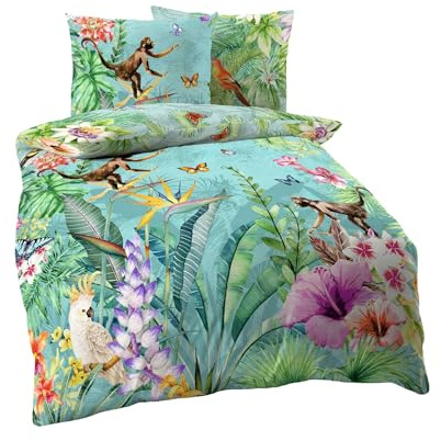 Kaeppel Mako Satin Digitaldruck Bettwäsche 2 TLG. Äffchen Dschungel Kakadu Schmetterling Bunt Urwald, Größe:155x220cm Bettwäsche