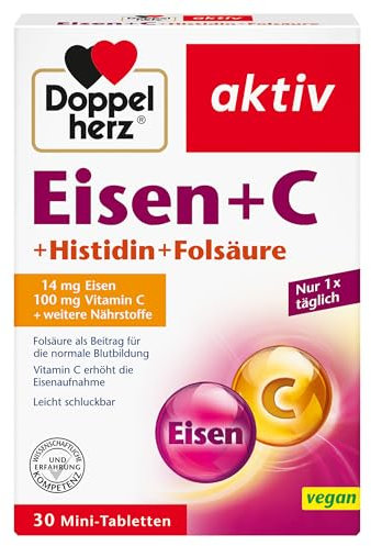 Ferro + Vitamina C+ Istidina + Acido folico - 30 Mini Compresse Vegano - Integratore che favorisce la formazione dei globuli rossi e contribuisce al metabolismo energetico - Doppelherz