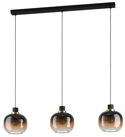 EGLO Hängelampe Oilella, 3-flammige Pendelleuchte Rauchglas über Esstisch | Deckenlampe hängend aus Metall mit Glas-Kugel in Schwarz-Braun mit Messing, Kugellampe mit E27 Fassung, L 95 cm