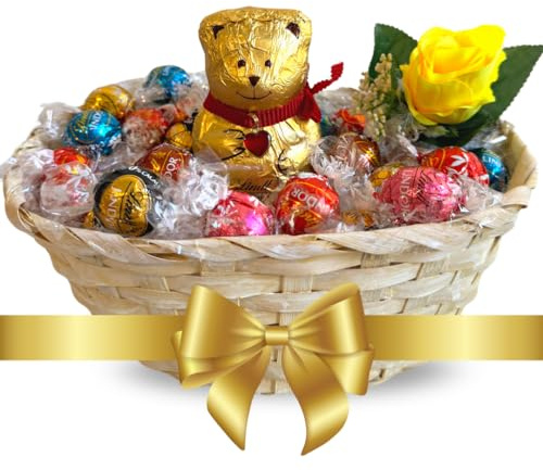 NARAMAKI Idee Regalo Natale 2024 - Cesto Vimini + Teddy al Latte 100g + Cioccolatini Assortiti 400g + Fiore Artificiale