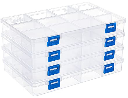BENECREAT 4 Pack 12 rejillas caja de almacenamiento de plástico, caja de joyas, organizador contenedores de almacenamiento, funda de perlas de plástico transparente (22,5 x 15,3 x 3 cm)