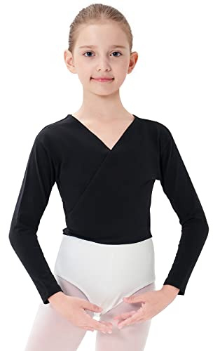 PLIKSUVER Ballett Wickeljacke Mädchen Langarm Gymnastik Tanz Ballettjacke Baumwoll Ballett Strickjacke für Mädchen Damen, Schwarz, 150