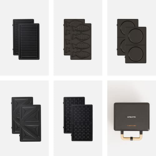 CREATE/STONE STUDIO/Sandwichera-Grill y gofrera doble negro / 5 placas intercambiables: Grill, Gofre, Sandwich, Taiyaki y Tortitas, antiadherente, apertura 100º, autoapagado, retro, 800W