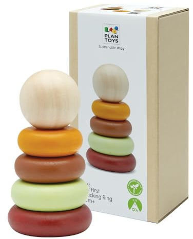 PlanToys Stapelturm Baby aus Holz - 5-teiliges Stapelspielzeug - Motorikspielzeug mit Ringen - Holzspielzeug Geschenke - Modern Rustic