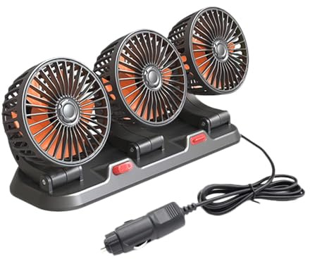 Riloer 24 V Ventilateur électrique de voiture, ventilateur de refroidissement portable à trois têtes, ventilateurs d'été rotatifs à 360 ° avec allume-cigare pour SUV, camions, camping-cars, remorques