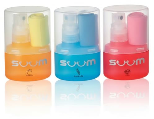 SUUM Pack 3 Spray Limpiador de Gafas con Paño de Microfibra - Spray con para Lentes Limpios y sin Vaho para Cristales y Pantallas - Limpia Gafas (Fresa, Lavanda y Naranja)