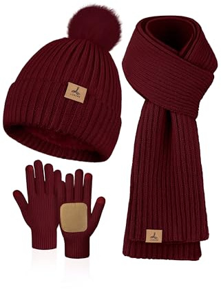 Set invernale da donna, con cappello e sciarpa, guanti, in pile lavorato a maglia, morbido e caldo, sciarpa a collo lungo, guanti touchscreen, regalo invernale, Vino rosso, 12.2*8.27 inch