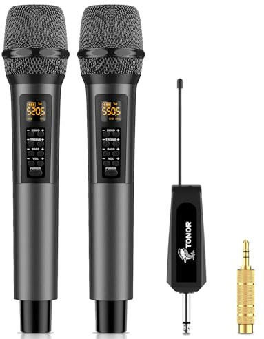 TONOR Dual Mikrofon Kabellos System mit Bass/Echo/Treble Soundeffekte, Funkmikrofon drahtloses Karaoke Mikro Wireless Microphone 60m Reichweite mit Empfänger für Hochzeit Party Vortrag Bühne TW525