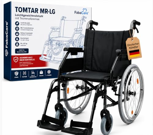 FabaCare TOMTAR MR-LG Rollstuhl Trommelbremse Sitzbreite 45 cm | Leichtgewichtrollstuhl aus Aluminium, faltbar, bis 130 kg, mit Ankipphilfe, HMV-Nr. 18.50.02.2131