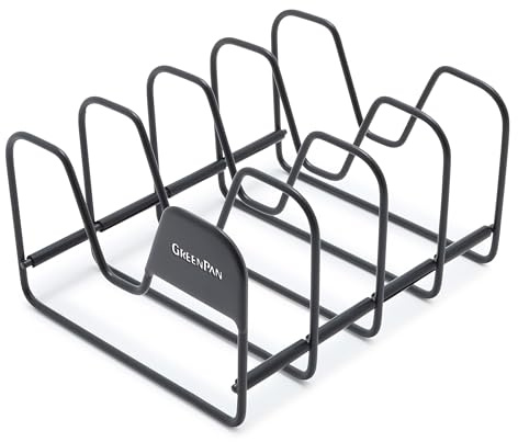 Greenpan Stainless Steel Wire Pots and Pans Lid Storage Rack, Holds 4 Lid Covers, Easy Storage, Countertop or Cabinent Organizer, Minimizes Clutter, Fast Drying, Wipes Clean, Black