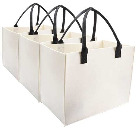 kaxilu Work Ladies Felt Handbag Reusable Bags, White 3pcs Large 16.5x12.5x 10 light Tote Shopping Bags for Grocery, Beach, Travel, Gym, Felt Bag DIY Gifts Bag
