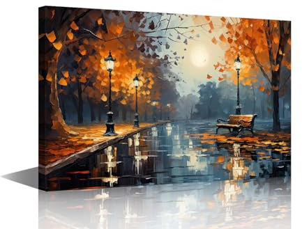 TISHIRON Bench in Park Prints Poster Canvas Print Flowers and Trees Oil Painting Style Impressionism Painting Wall Art for Living Room Bedroom Office Decor Framed Ready to Hang 12x18