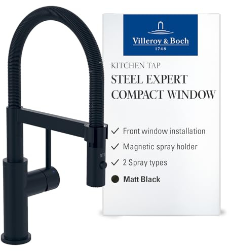 Villeroy & Boch Steel Expert Compact Window, grifo de cocina de alta presión con instalación en ventana y rociador magnético, flujo laminar, altura del caño 147 mm, negro mate