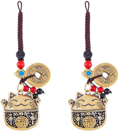 SUPERFINDINGS 2 Porte Clés Maneki Neko Porte Bonheur à Suspendre en Forme de Chat Porte Bonheur Chinois avec Cinq Empereurs Argent Feng Shui Longueur 12.5cm