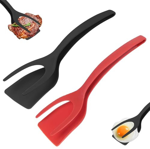 MARUKO 2 en 1 Spatule à Oeufs et Pince à Oeufs, en Plastique pour la Cuisine, pour Poisson, Burger et Crêpes (Noir&Rouge)