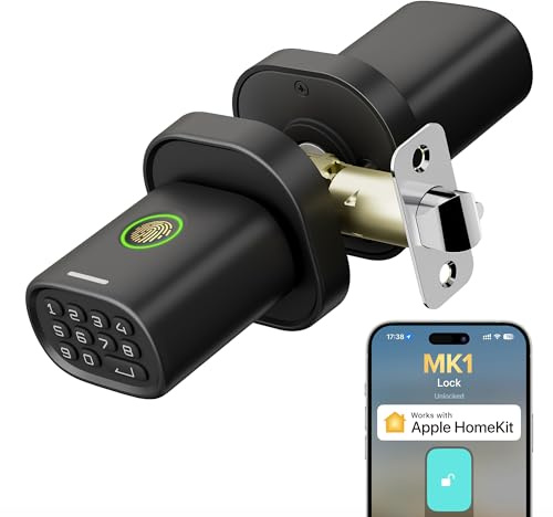 ThorBolt Fingerprint Door Lock with Keypad Door Knob, HomeKit Lock Over 𝗧𝗛𝗥𝗘𝗔𝗗, HomeKit Hub 𝗥𝗲𝗾𝘂𝗶𝗿𝗲𝗱, 𝗶𝗢𝗦 𝗢𝗡𝗟𝗬 Smart Lock for Interior Door, Bedroom, Office, MK1 Black