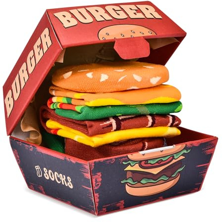 Funny Burger Socks Box for Dad Father Men Women Teenage Boys - Funny Gifts Novelty Fun Funky Food Cool Crazy Silly Odd Socks Fathers Day Easter Birthday Gifts Christmas Stocking Fillers(2 pairs)