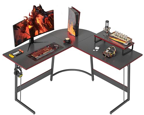 Cubiker L Shaped Gaming Desk Computer Office Desk, 120 cm Corner Table with Large Monitor Stand for Home Office Study Writing Workstation, Carbon Fiber Black