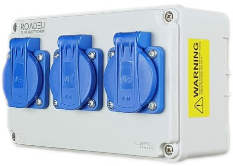 RoadEu - Quadro Elettrico di Distribuzione – 3 x Schuko 230V. Distributore di corrente IP44 per uso interno ed esterno, 16A. Presa esterna 3 x 230V. Ideale per il garage, il capannone o la casa