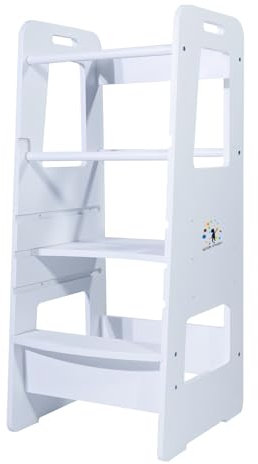 CCLIFE Torre de Aprendizaje Montessori, Taburete de Madera Ajustable en Altura para Niños, Ayudante de Cocina con Asas y Riel de Seguridad, Convertible y Plegable