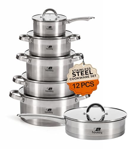 HOUSZY Lot de 12 casseroles et poêles en acier inoxydable – Batterie de cuisine antiadhésive avec poêle, casseroles et couvercles en verre – Batterie de cuisine professionnelle en acier inoxydable