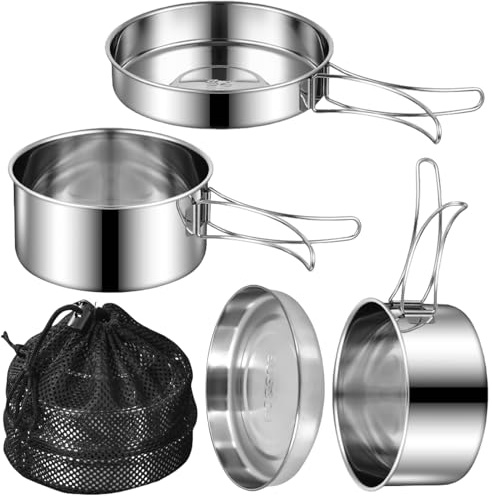 Juego de utensilios de cocina para camping, 4 piezas, juego de vajilla de camping 304, olla de acero inoxidable con sartén, olla portátil para camping, juego de sartenes, cubiertos plegables para