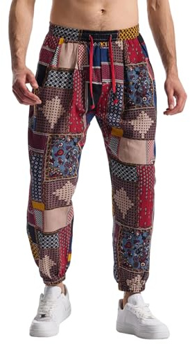 MakingDa Mens Hippy Trousers Cotton Baggy Printed Casual Harem Pants Colourful Patterned Yoga Hippie Bohemian Bottoms