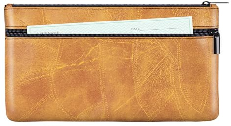 HAUTOCO Geldtaschen Banktasche PU-Leder Texturiert Bankmappe mit Reißverschluss 28 x 15.5 cm A5 Dokumente Zwei Taschen Geldmappe für Business Haushalt Schule, Braun
