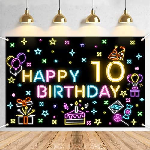 10. Geburtstag Banner Mädchen Junge Deko,Happy Birthday 10 Geburtstag Lange Größe Schwarz glänzend Banner 210 × 150 cm