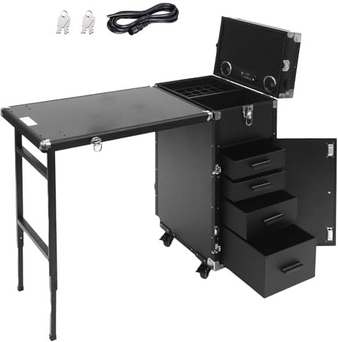 JXYQ Maniküretisch auf Rollen, Faltbarer Nageltisch, Mobile Station mit Lautsprecher und Spiegel, 360°-Universalrad, tragbarer Make-up-Rollkoffer, Reise-Kosmetiktrolley, Aufbewahrungs-Organizer