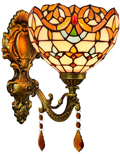 CraftedGlass Aplique de pared estilo Tiffany de 20 cm con vitral de cristal, lámpara de noche decorativa vintage barroca amarilla for dormitorio, sala de estar, pasillo y escaleras.