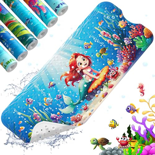 XIYUNTE Baby badmattor halkfria anti-mögel, tecknad barnbadmatta halkfri, 100 x 40 cm extra stor baby duschmatta badmatta med sugkoppar och dräneringshål, maskintvättbar, sjöjungfru