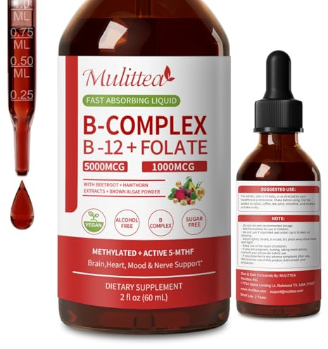 Methylated B Complex - 5000 mcg Methylcobalamin B12 & 5-MTHF Folate 1000 mcg - Vitamin B Complex Liquid Drops with B3, B6, Beetroot, Hawthorn - Energy, Focus, Heart & Brain, Sugar-Free, 2 Fl Oz